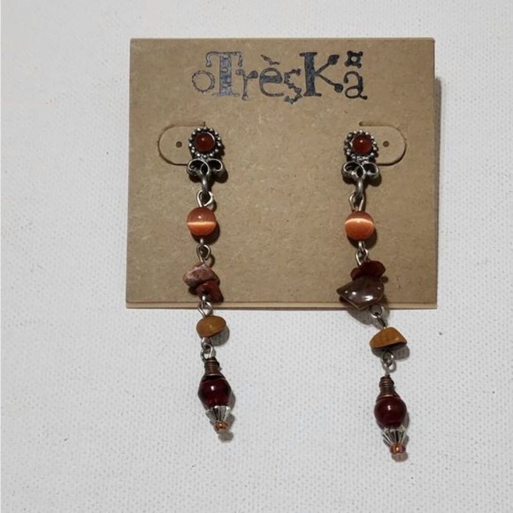 Treska Women Earthy‎ Orange Burgundy Stone Bead Silver Tone Drop Dangle Earrings